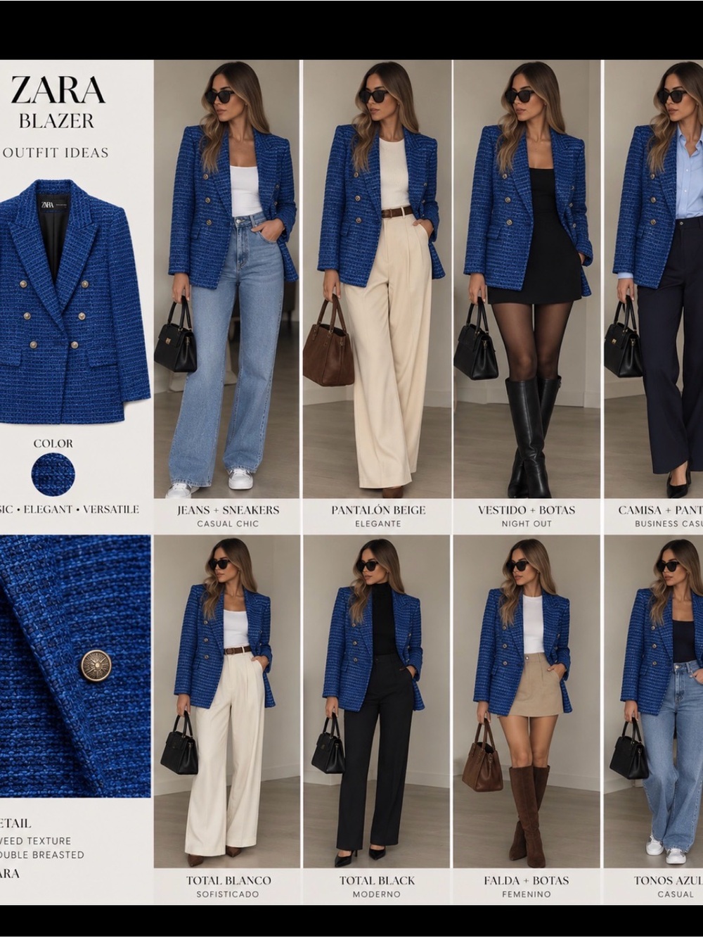 ZARA Royal Blue Tweed Double-Breasted Blazer with Gold Buttons